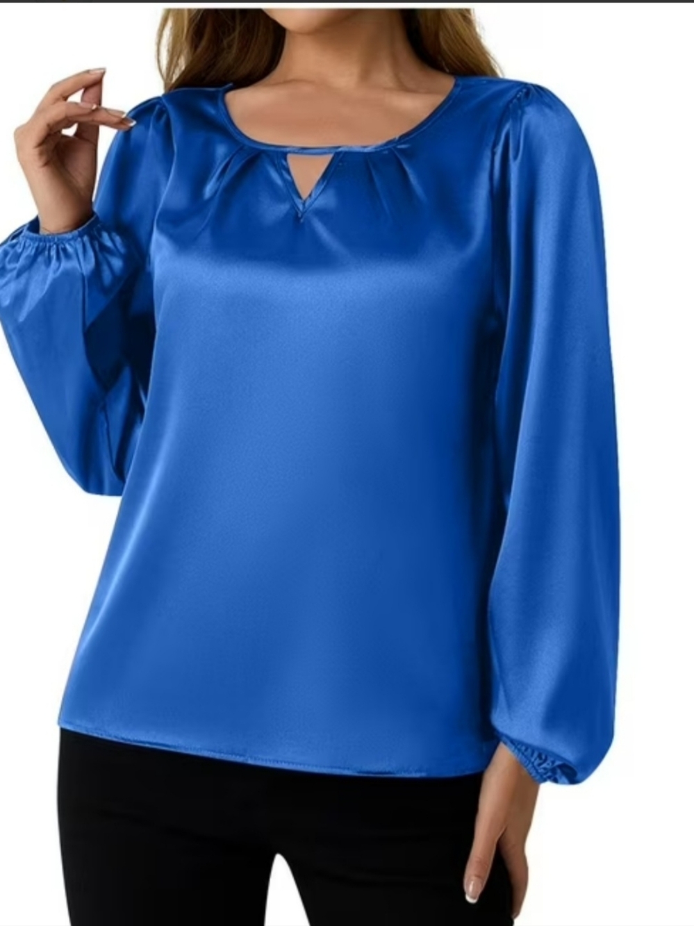 Worthington Royal Blue Satin Keyhole Long Sleeve Blouse